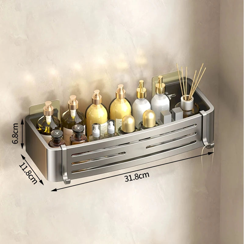 No-Drill Bathroom Shelf Shelves Shampoo Makeup Storage Holder Kitchen Organizer Wall Mounted Bathroom Accessories Aluminum Alloy