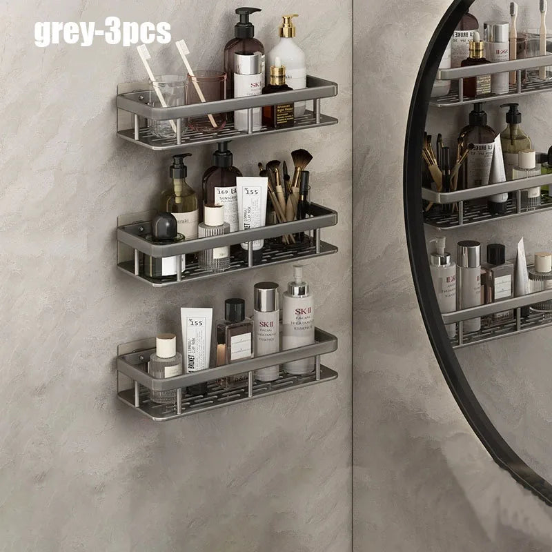 1/2/3pcs No Drill Wall Bathroom Shelf Aluminum Alloy Shampoo Rack Makeup Storage Organizer Shower Shelf Bathroom Accessories