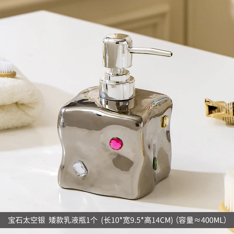 European Style Irregular Ceramic Lotion Bottle Gem Decoration Dispenser Bottle Hand Sanitizer Shower Gel Bottle Soap Dispenser