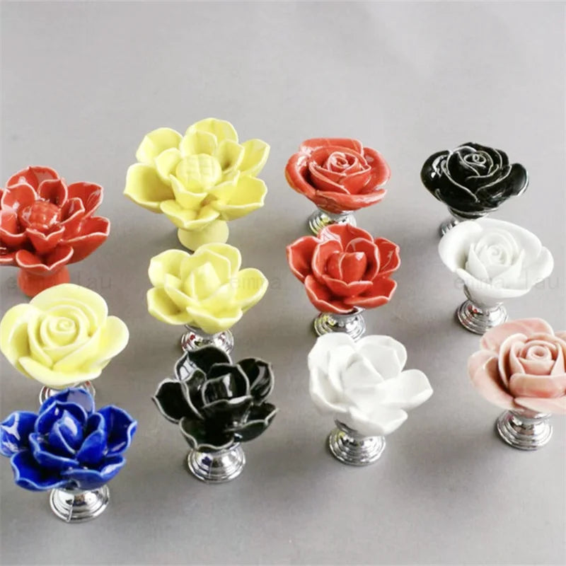 New Flower Shape Ceramic Handle Single Hole Wardrobe Lattice Handles Room Cupboard Door Knob Drawer Handles